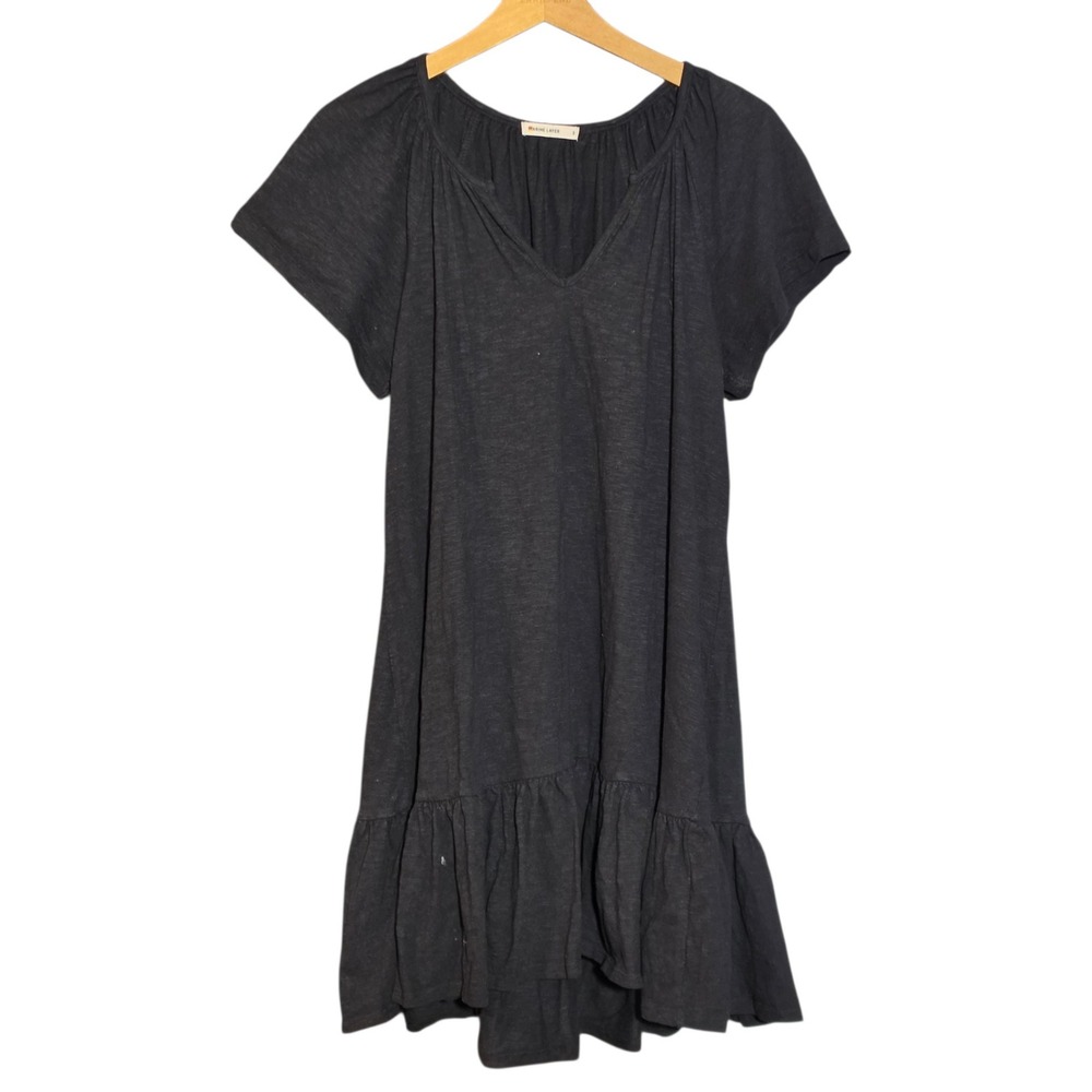 Marine Layer Womens Small Dress Black Cotton Short Sleeve Ruffle Hem V-Neck Slub